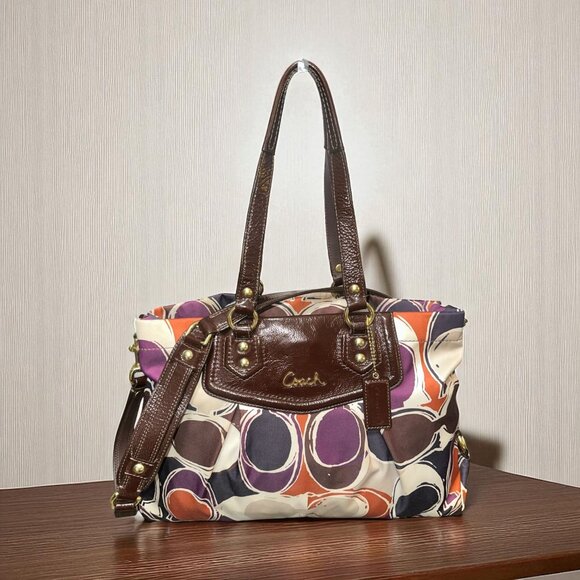 Coach Ashley Scarf Print Satchel F20113 Purple Op Art Brown Patent Leather Bag - Picture 1 of 8